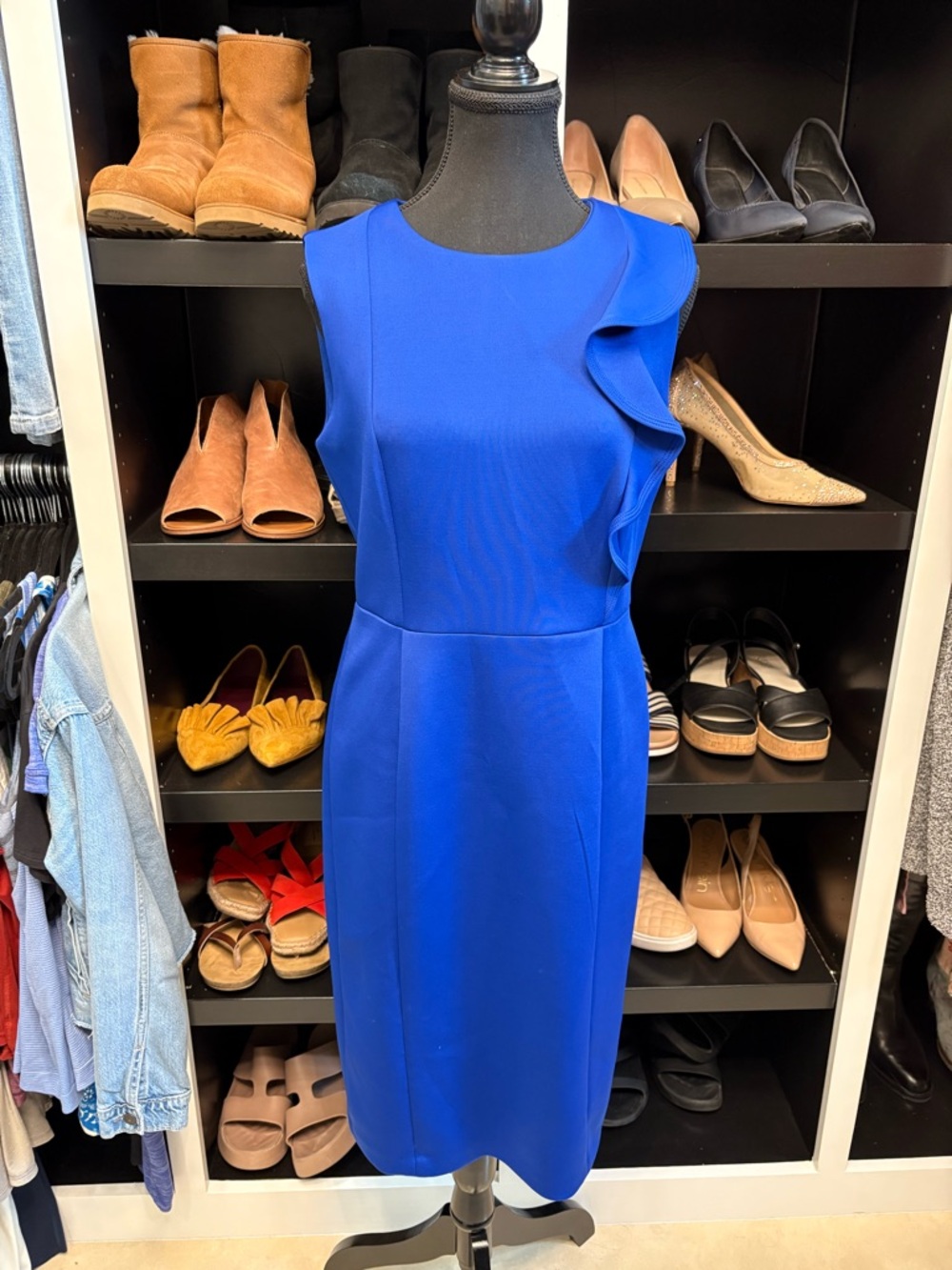 Calvin Klein Cobalt Blue Sleeveless Ruffle Sheath Dress